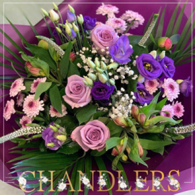 Lilac and Purple Handtied In Water - Lilac and Purple Flowers Lisianthus Alstromeria Roses Veronica
